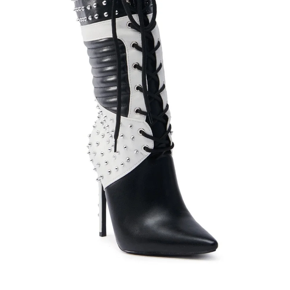 Azalea Wang Studded Lace Up Mid‎ Calf Boots Black White Stiletto Heel Statement